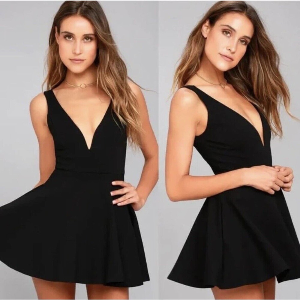 Lulus Dress "I Feel Good" Black V-neck Mini Fit & Flare Skort Dress Women Sz S